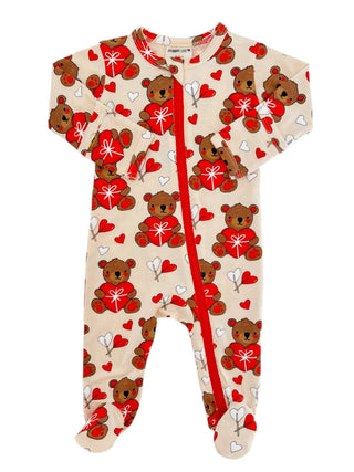 The SpearmintLOVE Basic 2-Way Zip Footie in beige is made from bamboo viscose and features Valentine Bear and heart prints with teddy bears wearing red bows, plus charming red and white hearts.