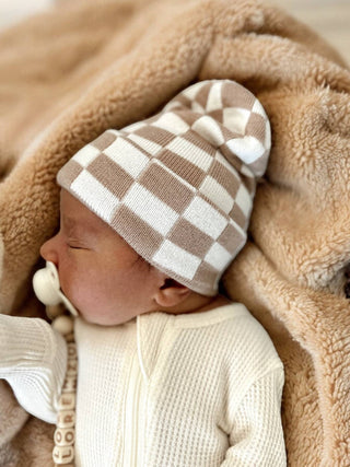 Baby's First Hat - Tan/Warm White Checkerboard