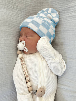 Baby's First Hat - Baby Blue/Warm White Checkerboard