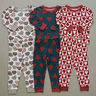 Ribbed Bamboo Long Sleeve Pajama Set - Navy + Red Hearts