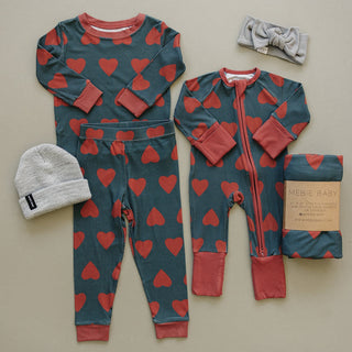 Ribbed Bamboo Convertible Footie Romper - Navy + Red Hearts