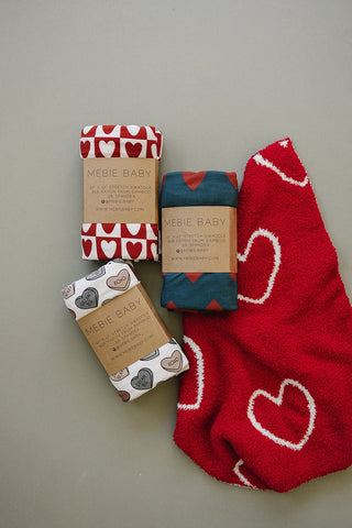 Bamboo Stretch Swaddle Blanket - Navy + Red Hearts