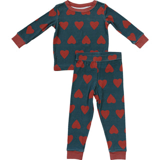 Ribbed Bamboo Long Sleeve Pajama Set - Navy + Red Hearts