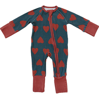 Ribbed Bamboo Convertible Footie Romper - Navy + Red Hearts