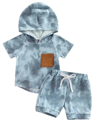 Boy's Hooded Short Sleeve Top & Drawstring Shorts Outfit Set - Blue Tie-Dye Baby & Toddler Outfits