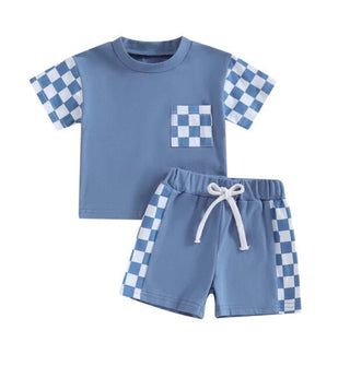 Boy's Short Sleeve Crew Neck T-Shirt & Shorts Outfit Set - Blue Checkerboard Baby & Toddler Outfits