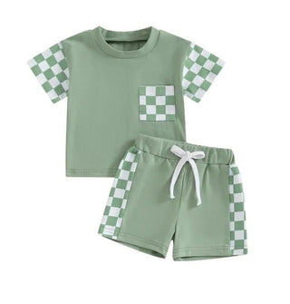 Boy's Short Sleeve Crew Neck T-Shirt & Shorts Outfit Set - Green Checkerboard Baby & Toddler Outfits