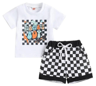 Boy's Short Sleeve T-Shirt & Drawstring Shorts Outfit Set - Checkered Mama's Boy Baby & Toddler Outfits