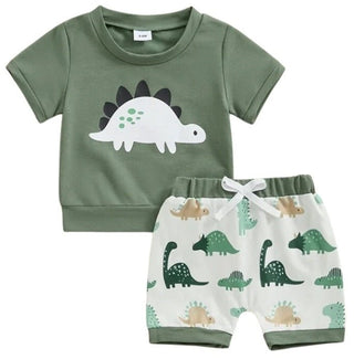 Boy's Short Sleeve T-Shirt & Drawstring Shorts Outfit Set - Green Dinosaur Baby & Toddler Outfits