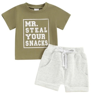 Boy's Short Sleeve T-Shirt & Drawstring Shorts Outfit Set - Olive Mr. Steal Your Snacks Baby & Toddler Outfits