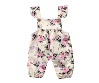 Girl's Sleeveless Button Overalls - Cream Floral Baby One-Pieces