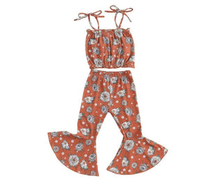 Girl's Spaghetti Strap Top and Bell Bottom Pants Outfit Set - Rust Floral Baby & Toddler Outfits