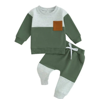 Long Sleeve Crewneck Top and Jogger Outfit Set - Green & Grey Colorblock Baby & Toddler Outfits