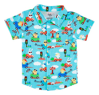 Boy's Bamboo Short Sleeve Button-Up Shirt - Judah (Chick and Bunny Race Cars) Baby & Toddler Tops