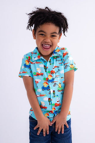 Boy's Bamboo Short Sleeve Button-Up Shirt - Judah (Chick and Bunny Race Cars) Baby & Toddler Tops