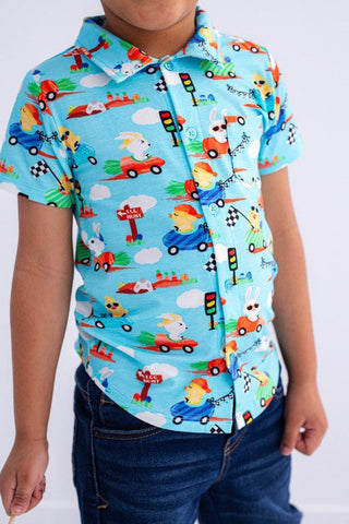 Boy's Bamboo Short Sleeve Button-Up Shirt - Judah (Chick and Bunny Race Cars) Baby & Toddler Tops