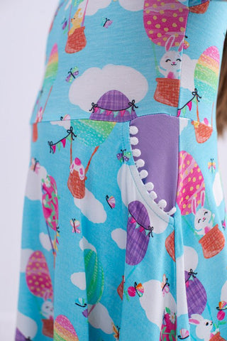 Birdie Bean Girl's Short Sleeve Dress - Lola (Easter Egg Hot Air Balloons)