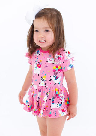 Girl's Bamboo Short Sleeve Twirl Bodysuit Dress - Alanna (Birthday Llamas) Baby & Toddler Dresses