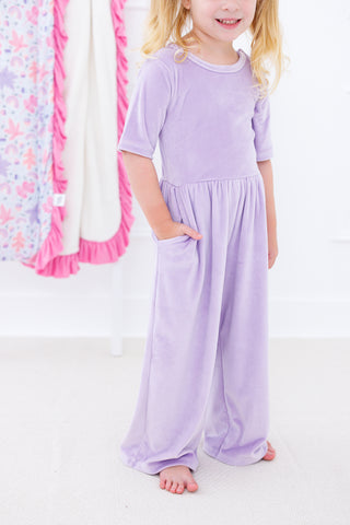 Solid Short Sleeve Velvet Leggy Jumpsuit - Lavender Birdie Bean