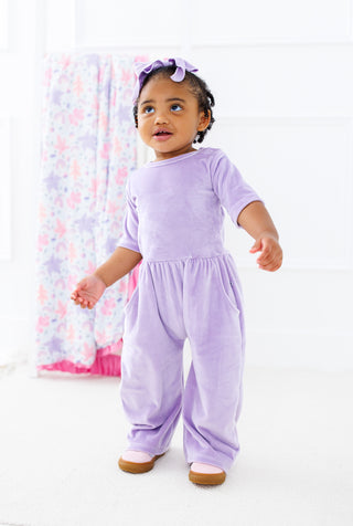 Solid Short Sleeve Velvet Leggy Jumpsuit - Lavender Birdie Bean