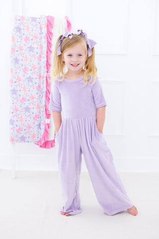 Solid Short Sleeve Velvet Leggy Jumpsuit - Lavender Baby One-Pieces