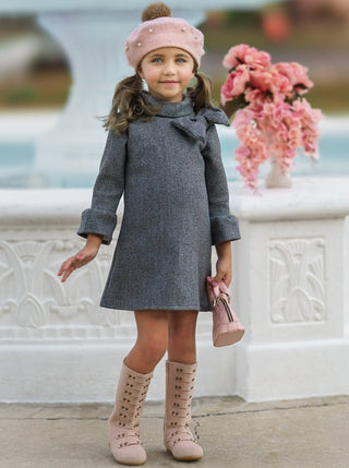 Fancy Fabulous Bow Ashen A-Line Dress Girls Fall Dressy Dress Mia Belle Girls