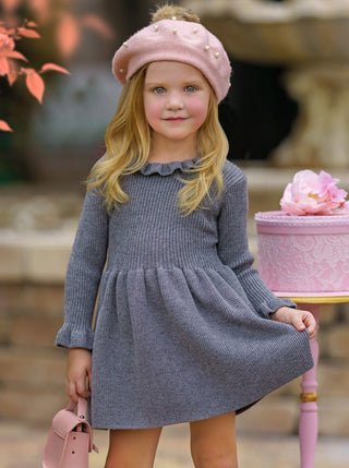 Cozy Holiday Grey Ruffle Knit Sweater Dress Girls Christmas Dress Mia Belle Girls