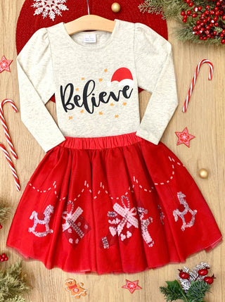 Celebrate Magic Ruffle Top and Christmas Print Skirt Set Girls Christmas Set Mia Belle Girls