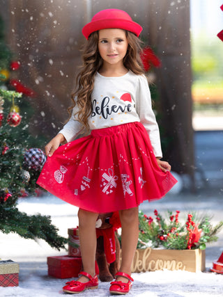 Celebrate Magic Ruffle Top and Christmas Print Skirt Set Girls Christmas Set Mia Belle Girls