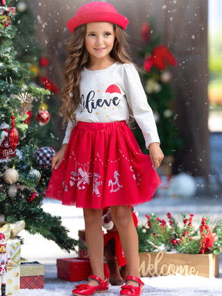 Celebrate Magic Ruffle Top and Christmas Print Skirt Set Girls Christmas Set Mia Belle Girls