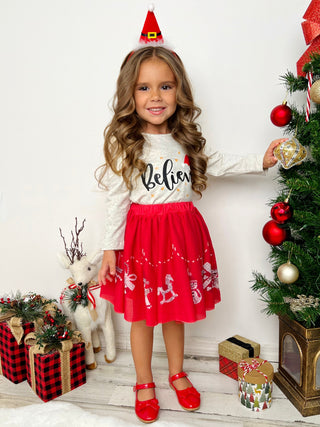 Celebrate Magic Ruffle Top and Christmas Print Skirt Set Girls Christmas Set Mia Belle Girls