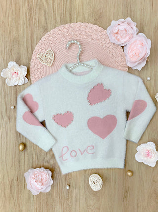 Pearl Knit Sweater - Pink Hearts Embellished - Made to Love You | Baby Riddle