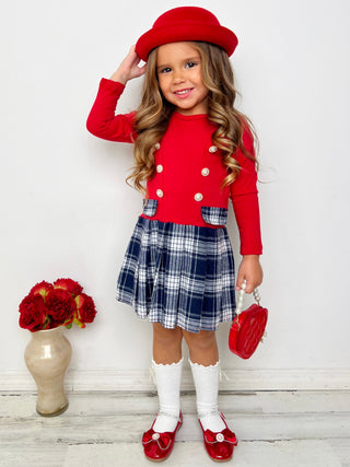 Festive Flair Long Sleeve Plaid Pleated Dress Girls Fall Casual Dress Mia Belle Girls