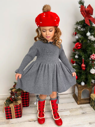 Cozy Holiday Grey Ruffle Knit Sweater Dress Girls Christmas Dress Mia Belle Girls