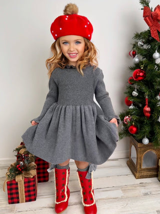 Cozy Holiday Grey Ruffle Knit Sweater Dress Girls Christmas Dress Mia Belle Girls