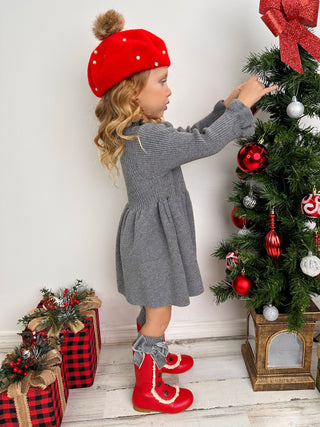 Cozy Holiday Grey Ruffle Knit Sweater Dress Girls Christmas Dress Mia Belle Girls