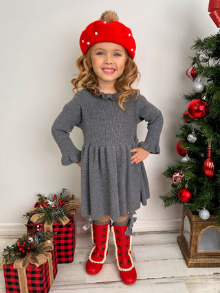 Cozy Holiday Grey Ruffle Knit Sweater Dress Girls Christmas Dress Mia Belle Girls