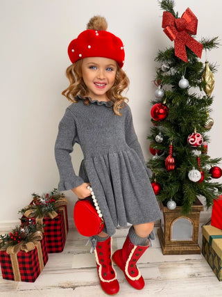 Cozy Holiday Grey Ruffle Knit Sweater Dress Girls Christmas Dress Mia Belle Girls