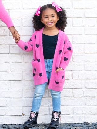 Pink Oversized Knit Cardigan - Heart Print - I Love You Lots | Baby Riddle