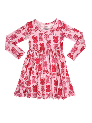 In My Jammers Long Sleeve Twirl Dress - Valentine's Bow