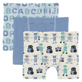 Boy's Print Bamboo Boxer Briefs (Set of 3) - Dew ABC Monsters, Dream Blue & Natural Robots Toddler Underwear