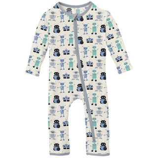 Boy's Print Bamboo Coverall with 2-Way Zipper - Natural Robots KicKee Pants