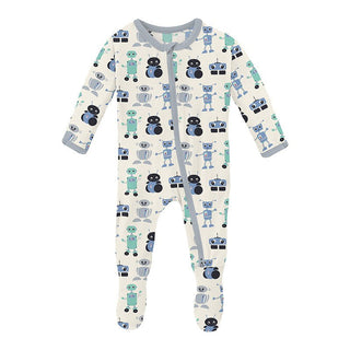 Boy's Print Bamboo Footie with 2-Way Zipper - Natural Robots KicKee Pants