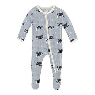 Boy's Print Bamboo Footie with 2-Way Zipper - Pearl Blue Itsy Bitsy Spider KicKee Pants