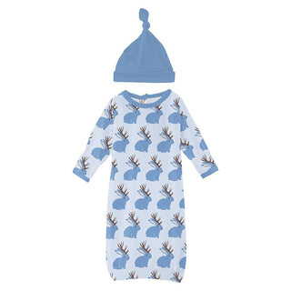 Boy's Print Bamboo Layette Gown & Single Knot Hat Set - Dew Jackalope Baby & Toddler Sleepwear