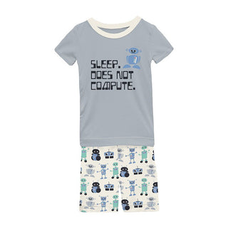 Boy's Print Bamboo Short Sleeve Graphic Tee Pajama Set with Shorts - Natural Robots KicKee Pants