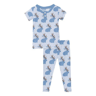 Boy's Print Bamboo Short Sleeve Henley Pajama Set - Dew Jackalope KicKee Pants