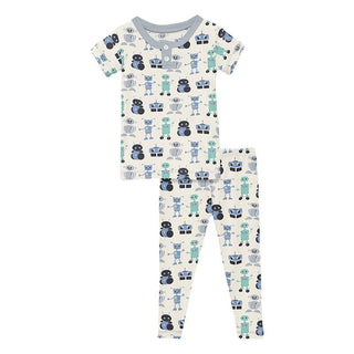 Boy's Print Bamboo Short Sleeve Henley Pajama Set - Natural Robots KicKee Pants