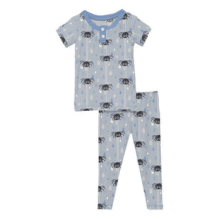 Boy's Print Bamboo Short Sleeve Henley Pajama Set - Pearl Blue Itsy Bitsy Spider KicKee Pants