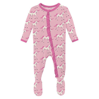 Girl's Print Bamboo Classic Ruffle Footie with 2-Way Zipper - Cake Pop Prancing Unicorn KicKee Pants